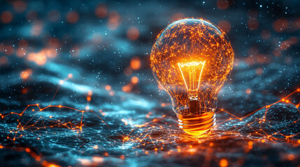 Hyperrealistic visualization of creative ideas forming through a glowing digital network, symbolizing global connection, innovation, and the fusion of technology with human imagination and insight.