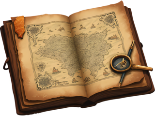 Dark Academia Art with Antique Open Journal and Fantasy City Map | Moody Oil Painting of Vintage Journal with Compass and Wax Seal | Atmospheric Still Life of Hand Drawn Map and Brass Compass 