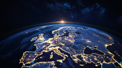 Obraz premium Earth at night from space showing illuminated europe satellite