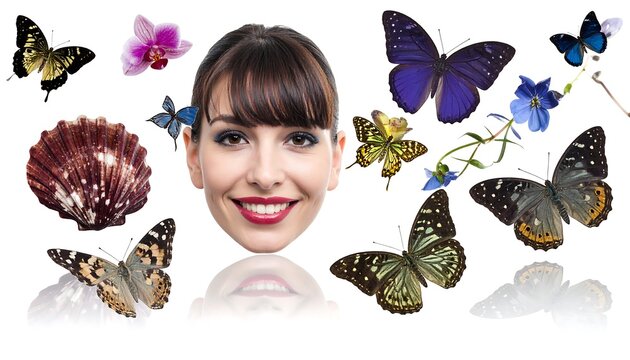 A woman's smiling face amidst assorted colorful butterflies, an orchid, a seashell, and floral sprigs on a white background - Powered by Adobe