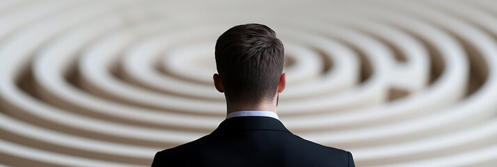 A man in a suit, seen from the back, faces a labyrinth. The image evokes themes of challenge, strategic thinking, and navigating complex situations in business and life.