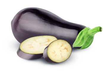 One fresh eggplant with two slices isolated on white background