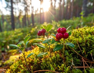 Close-up of vibrant berries amidst lush forest moss and sunlight