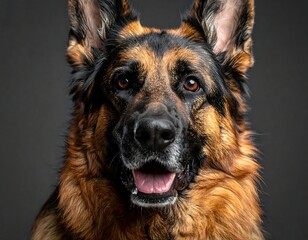Close-up portrait of a German Shepherd dog with bright, attentive eyes