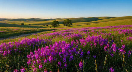 Vibrant Purple Wildflower Field and Rolling Green Hills at Sunrise