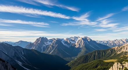 Panoramic View of Majestic Alpine Mountains with Snow capped Peaks Under Blue Sky