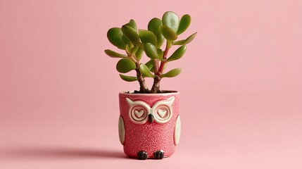 A delightful Jade plant in a pink owl-shaped pot against a soft pink background. This image evokes themes of nature, home decor, and simple joys with a touch of whimsy and love.