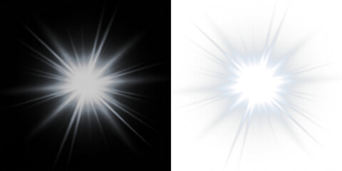 Bright, radiant light burst with star effect on a transparent background. Features a central glow with extending rays.