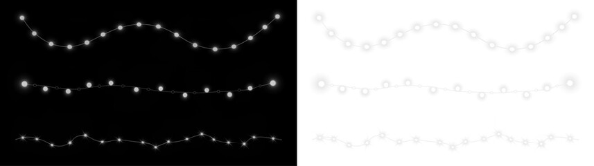A collection of glowing string lights garlands in various styles on a transparent background.