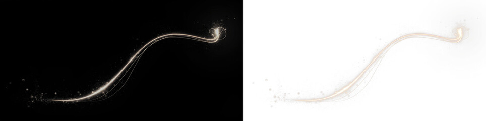 A dynamic glowing light trail with sparkles on a transparent background, ideal as an overlay element. The effect features a luminous, curving path with sparkling details.