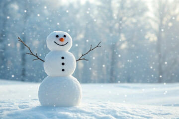 Merry christmas and happy new year greeting card with copy-space.Happy snowman standing in winter...