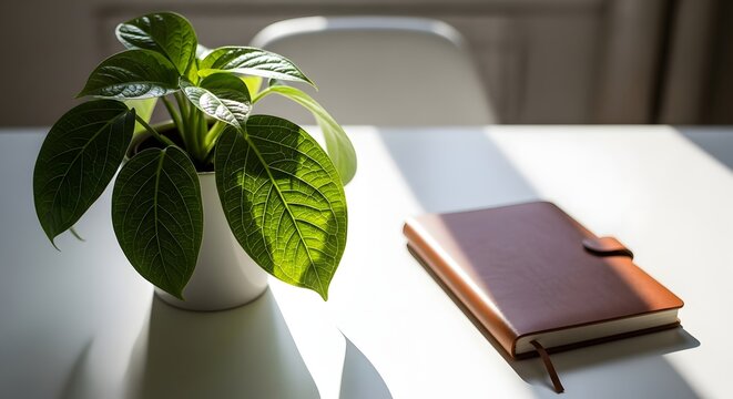 A plant in a white pot and a brown leather notebook on a white table in a bright room with sunlight