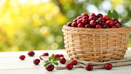 Cranberries in wicker basket on white surface in garden in natural warm sunlight background