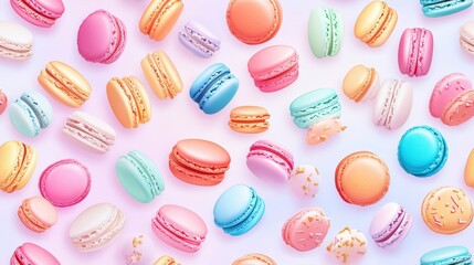 Macarons Symphony: A vibrant array of colorful macarons, showcasing a spectrum of flavors and designs, creates a delightful and eye-catching arrangement perfect for dessert, bakery.