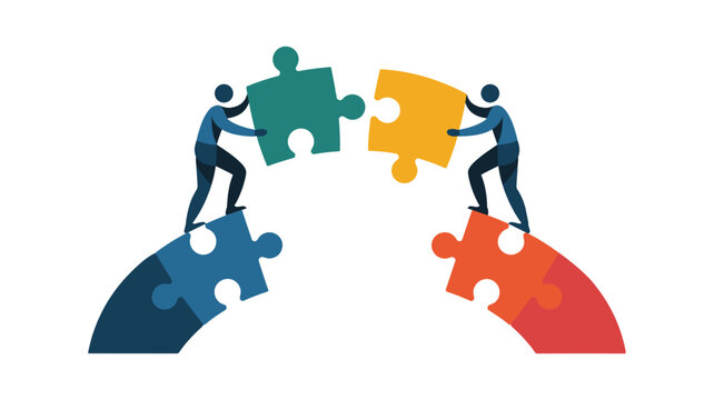 Two people connecting puzzle pieces to form a bridge on white background Keywords: puzzle, pieces, connection, teamwork, collaboration, bridge, joining, linking, cooperation, solution, strategy
