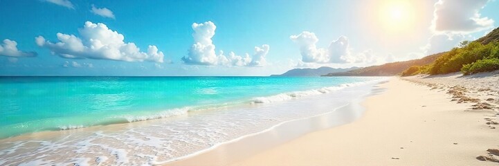 Fototapeta premium Sun-Kissed Beach Turquoise Waters Gently Lap a Sunny Shoreline, Perfect for Summer Vacation and Travel Themes