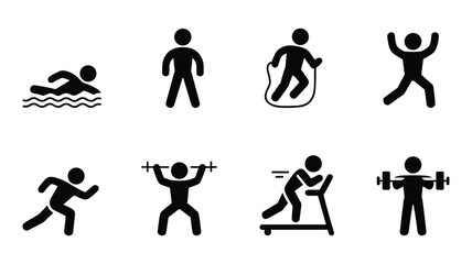 Collection of eight black silhouette icons depicting various physical fitness and sports activities Keywords: fitness icons, sports icons, exercise, activity, silhouette, people, swimming, running