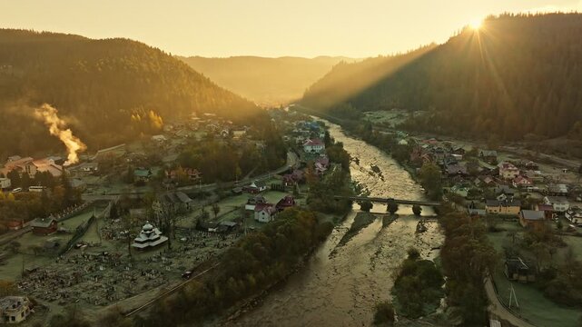 Aerial view colorful forest mountain travel scenic morning summer sun