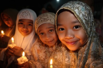 Children dressed in traditional Muslim attire holding candles during joyful Mawlid celebration