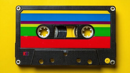 Retro vibes with a vibrant audio cassette tape on a yellow background. Nostalgic music accessory with colorful stripes & black case. Great for media archives.