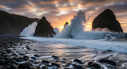 Powerful Ocean Waves Crashing Against Sea Stacks at Sunset