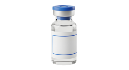 Medical vial with blue cap and blank label isolated PNG with Transparent Background
