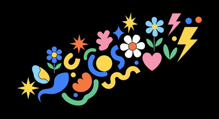 Vibrant Abstract Graphic with Flowers, Lightning Bolts, and Curvy Shapes