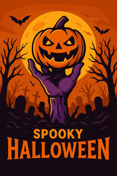 Spooky Halloween Poster with Zombie Hand Holding Jack-O&rsquo;-Lantern in Graveyard under Full Moon
