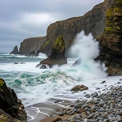 Powerful Ocean Waves Exploding on Rugged Coastal Cliffs and Sea Stacks