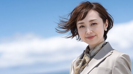 Against a vibrant blue sky, a woman with shoulder-length hair and a tailored suit gazes forward. Her scarf adds a touch of elegance, framing her face with a gentle smile.