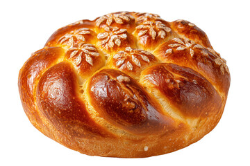 Round braided bread with decorative flower patterns and salt crystals isolated on a transparent background