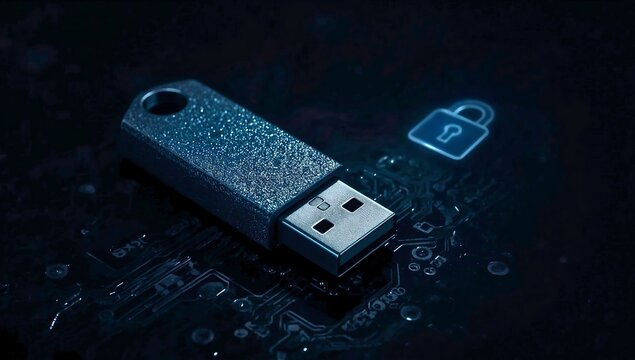 A dark, moody still life of a hardware security key resting on a circuit board. A pinpoint light highlights its metallic texture, with a subtle holographic padlock glowing behind it.
