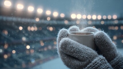 person wearing gloves holding a hot chocolate inside a stadium in winter