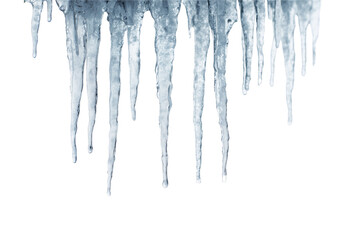 Row of melting icicles with water droplets hanging down isolated on a transparent background winter cold