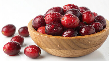 Fresh Cranberry in wooden bowl with water drop isolated in white background