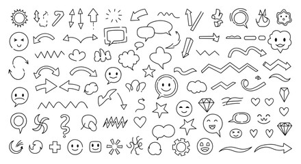 Doodle Collection Hand-Drawn Arrows, Shapes, and Emotion Icons for Creative Design