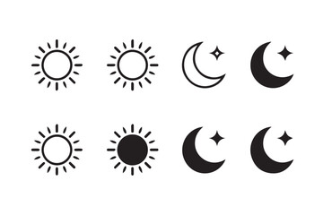 flat day night symbols sun with rays and crescent moon icons vector pack perfect for light dark mode ui design