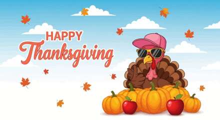 Happy Thanksgiving Turkey wearing sunglasses sitting atop pumpkins