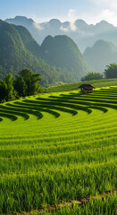 Vibrant Green Rice Terraces and Misty Mountains in a Serene Landscape