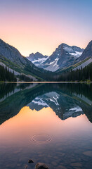 Tranquil Mountain Lake Reflects Vibrant Sunset Colors and Peaks