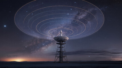 Radio telescope array under starry night sky with milky way satellite