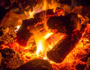 Close-up view of burning logs creating a warm, inviting blaze