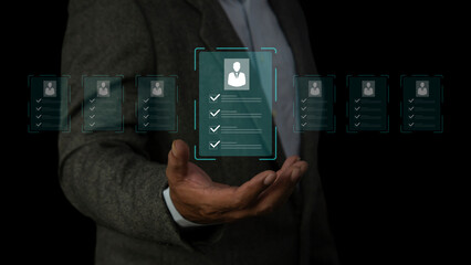 Concept of recruitment process managing people, recruiting customers, and hiring. Business person choosing candidate on digital interface.
