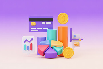 Colorful 3d financial growth icons with credit card and chart elements