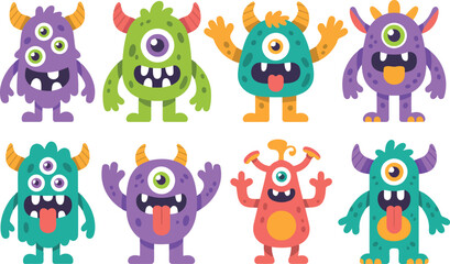 Obraz premium This colorful collection features eight adorable and distinct cartoon monsters, each with unique horns, eyes, and expressions, including some sticking out their tongues.