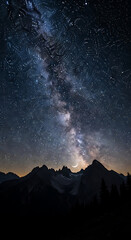 Milky Way Spans Starry Night Sky Above Dark Mountain Peaks and Moon
