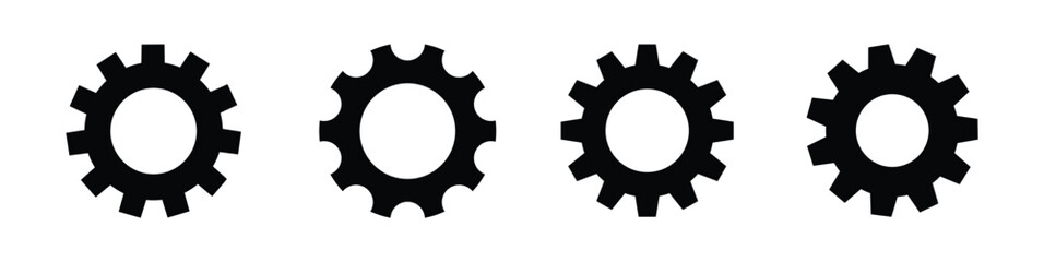 A set of four different black cogwheel (gear) icons in a horizontal row, isolated on a white background. This vector illustration represents various styles for settings, mechanisms, system operations,