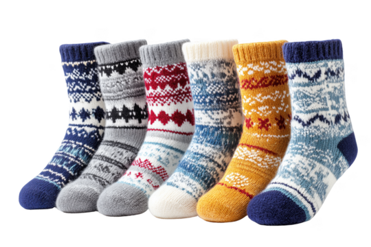Six patterned knitted winter socks in various colors isolated on a transparent background wool