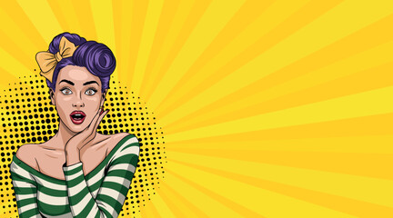 A young, very surprised woman in pop art style. On a yellow background. Pop art in comic book style vector.