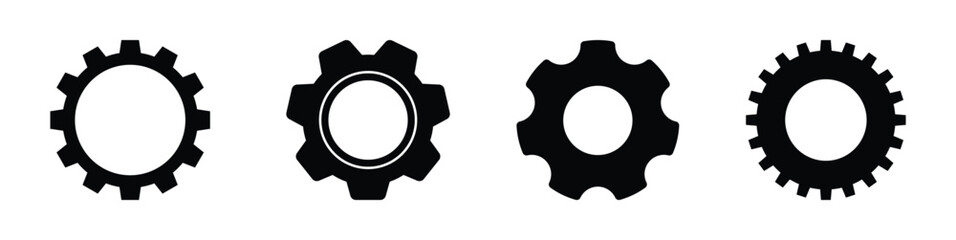 A set of four different black cogwheel (gear) icons in a horizontal row, isolated on a white background. This vector illustration represents various styles for settings, mechanisms, system operations,
